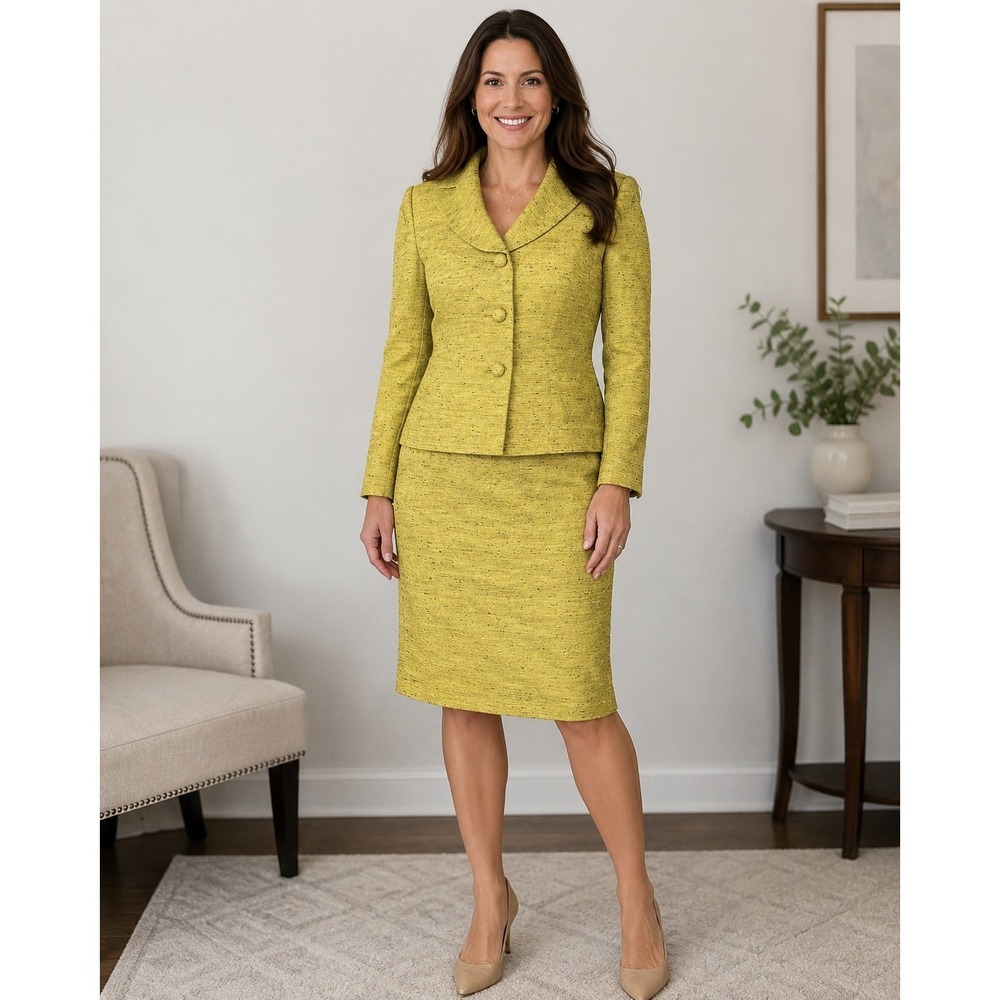 Isabella Suits Womens Chartreuse Textured Skirt Suit Set Size 8 Professional